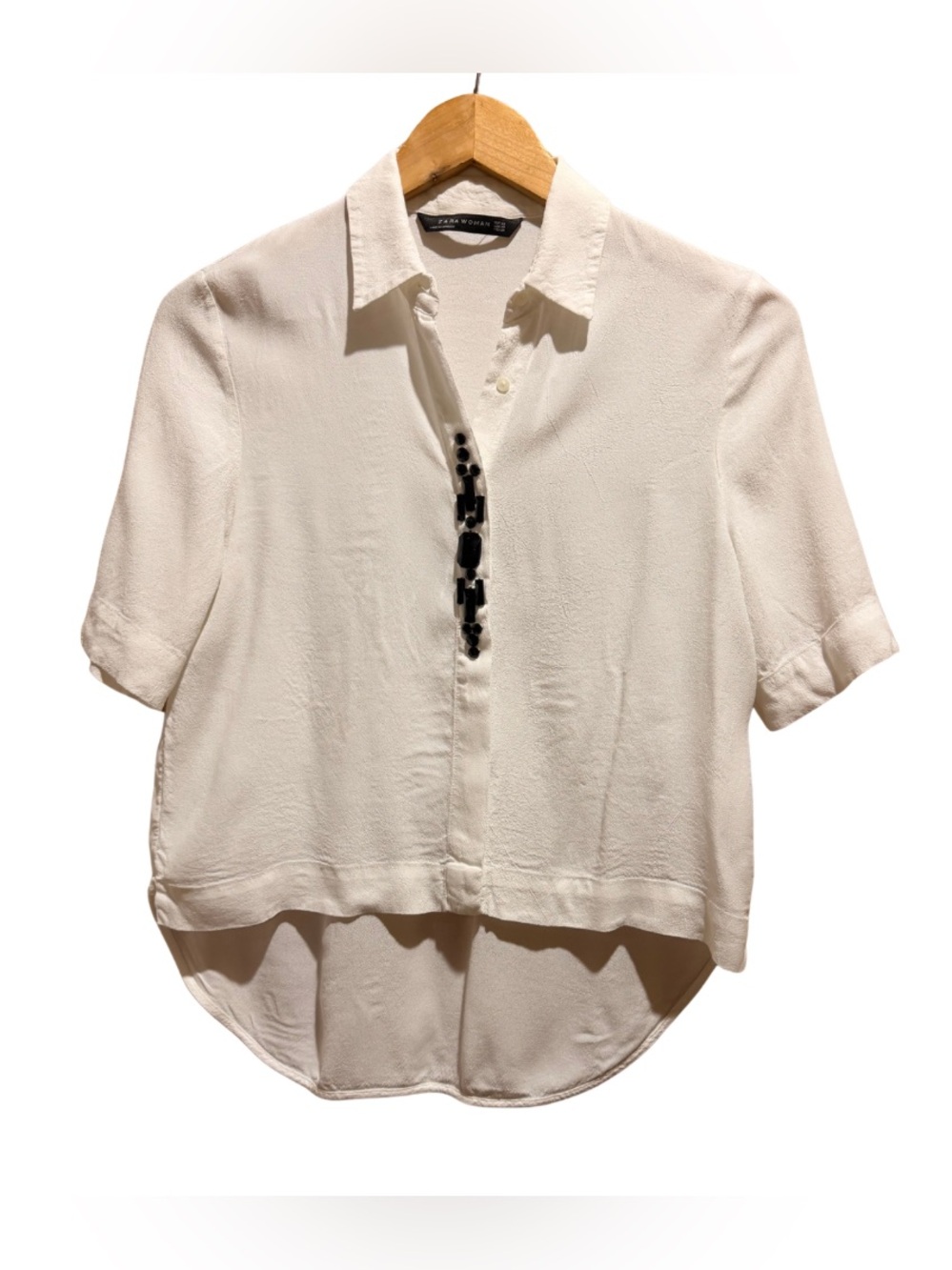 Zara Women's White Cream Button Blouse Size XS Black Gem Detail